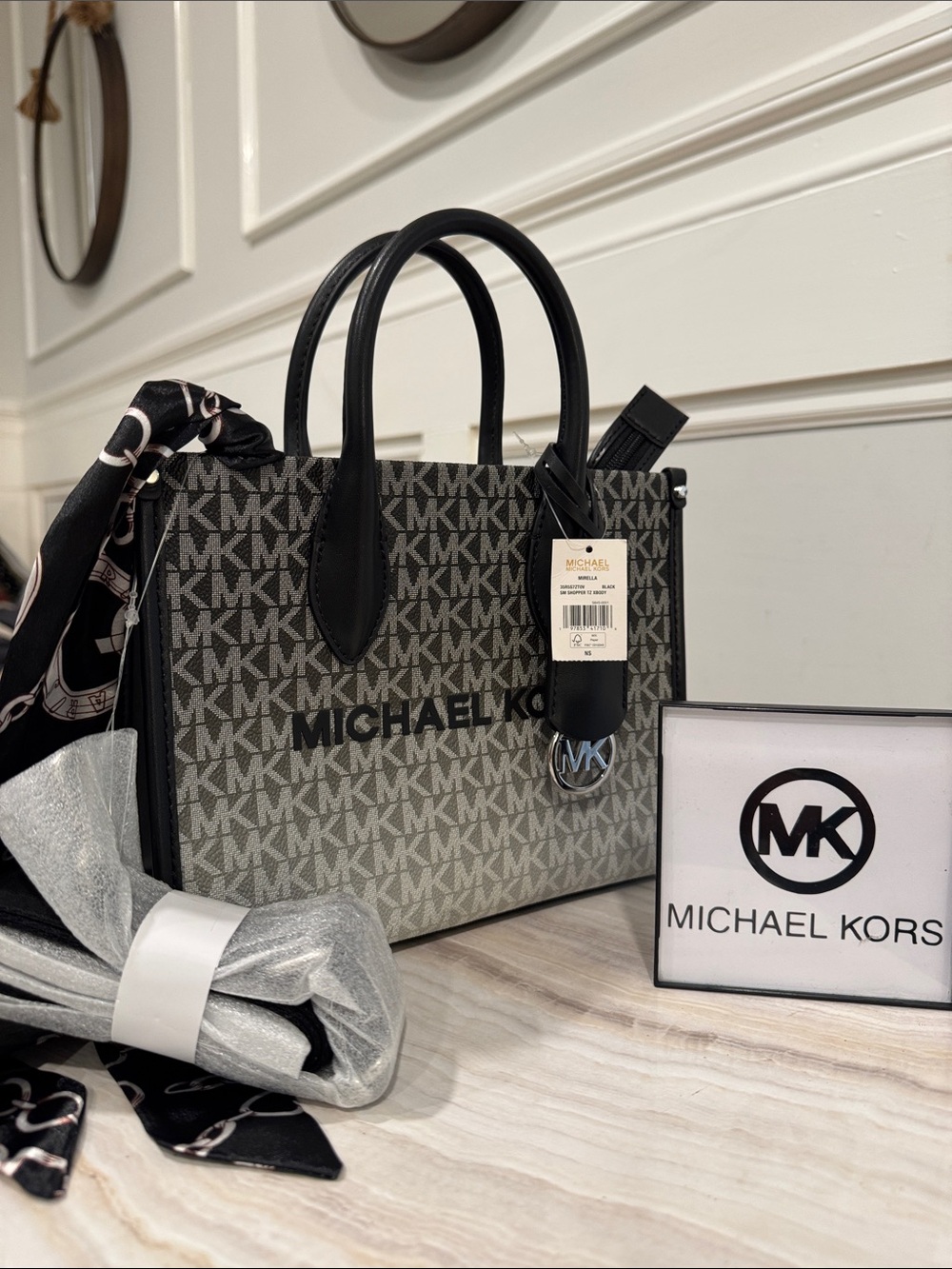 Michael Kors Bag Mirella Small Tote Satchel Crossbody Gray Black Signature Logo
